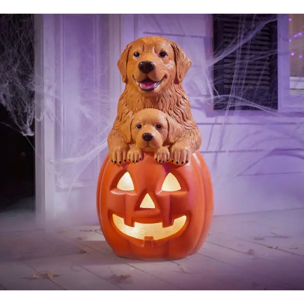 2026 Home Depot 2.5 Ft Golden Retriever w Puppy Pumpkin Halloween Blow Mold LED